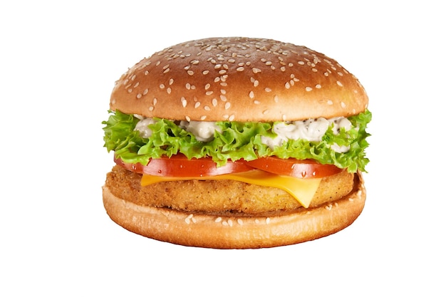 Hamburger succoso delizioso isolato su priorità bassa bianca. fast food.