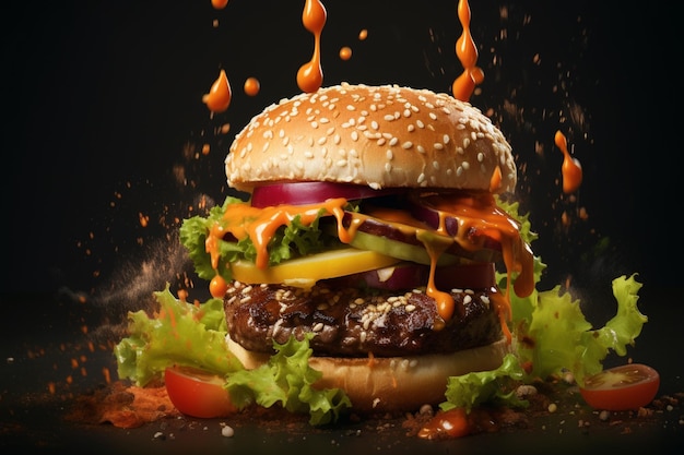 Delicious juicy burger with flying ingredients and splashes of sauce on a dark background