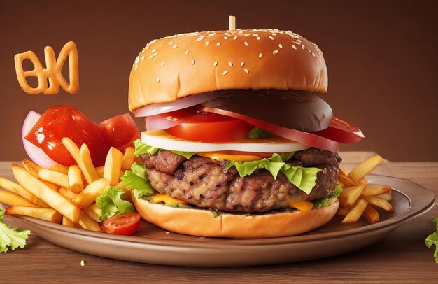 Delicious juicy burger with plenty of fries in