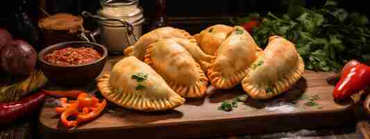 Photo delicious juicy chebureks on a wooden table