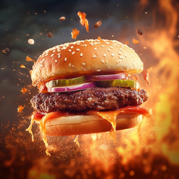 Delicious juicy cheeseburger floating in the air juicy smash burgers cheeseburger delicious food