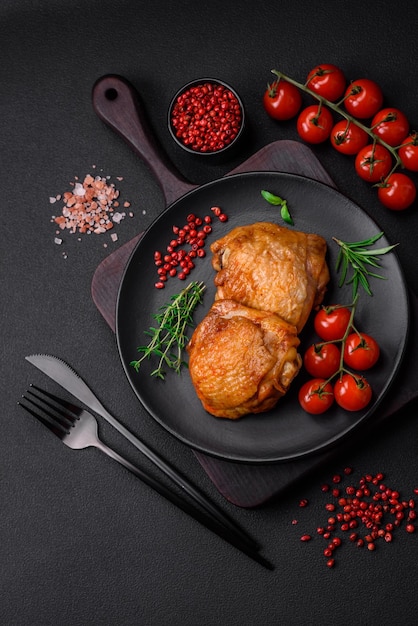 Delicious juicy chicken thighs baked with salt spices and herbs in a ceramic plate
