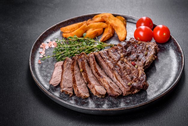 Delicious juicy fresh beef steak with spices and herbs on a dark concrete background. Grilled dishes