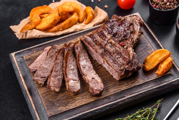 Delicious juicy fresh beef steak with spices and herbs on a dark concrete background. Grilled dishes