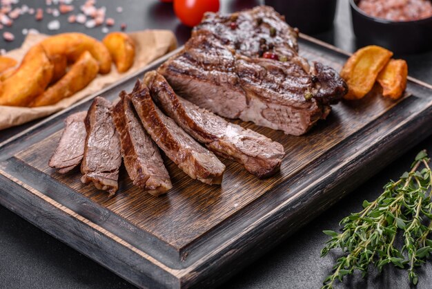 Delicious juicy fresh beef steak with spices and herbs on a dark concrete background. Grilled dishes