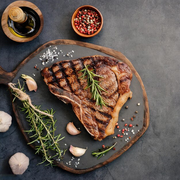 delicious juicy grilled beef steak with spices pepper and vegetables on the dark wooden surface