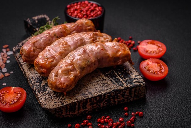 Delicious juicy grilled chicken or pork sausages with salt spices and herbs