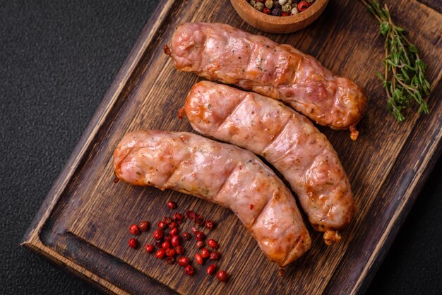 Delicious juicy grilled chicken or pork sausages with salt spices and herbs