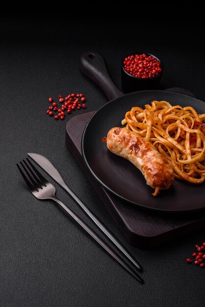 Delicious juicy grilled sausage with pasta or noodles with salt spices and herbs