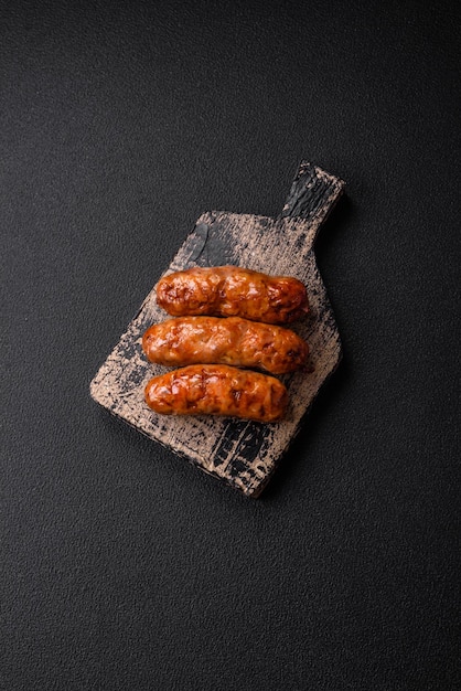 Delicious juicy grilled sausages with salt spices and herbs on a dark concrete background
