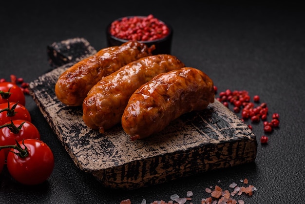 Delicious juicy grilled sausages with salt spices and herbs on a dark concrete background