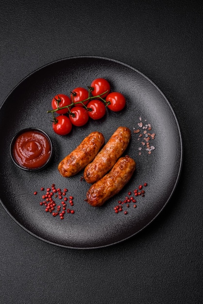 Delicious juicy grilled sausages with salt spices and herbs on a dark concrete background