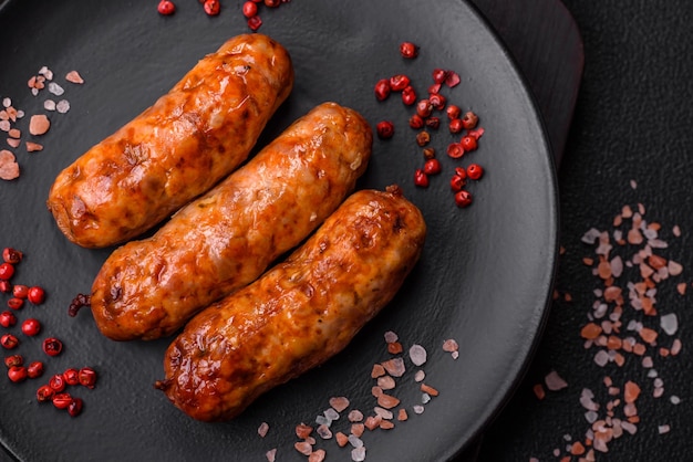 Photo delicious juicy grilled sausages with salt spices and herbs on a dark concrete background