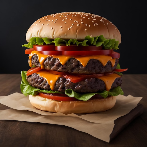 Delicious juicy hamburger cheesburger burger with meat beef pork patty onions tomato lettuce poster or menu isolated on background display whole and side view lifestyle studio