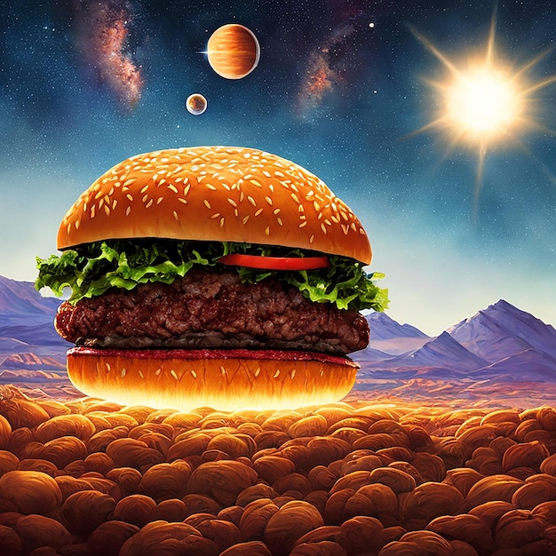 Photo a delicious juicy hamburger in cosmic space background generative ai