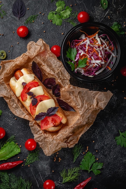 Delicious juicy hot dog with cheese sauce, tomato and fresh herbs in assortment, sandwich on the menu of a fast food restaurant on a dark stone table. Healthy option of fast food.