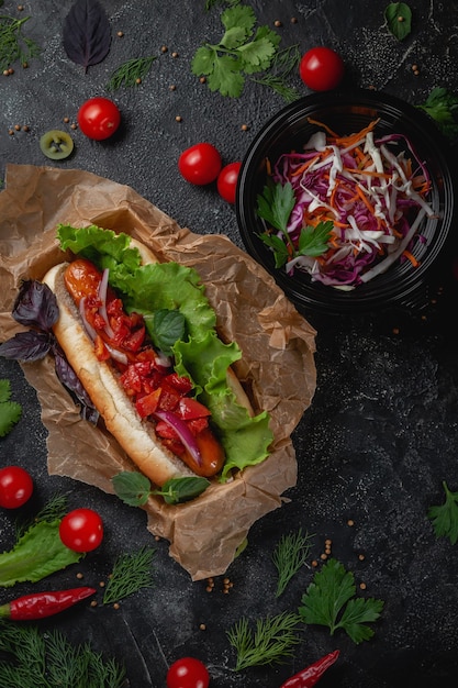 Delicious juicy hot dog with cheese sauce, tomato and fresh herbs in assortment, sandwich on the menu of a fast food restaurant on a dark stone table. Healthy option of fast food.