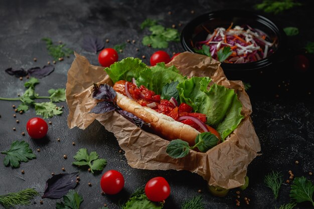 Delicious juicy hot dog with cheese sauce, tomato and fresh herbs in assortment, sandwich on the menu of a fast food restaurant on a dark stone table. Healthy option of fast food.