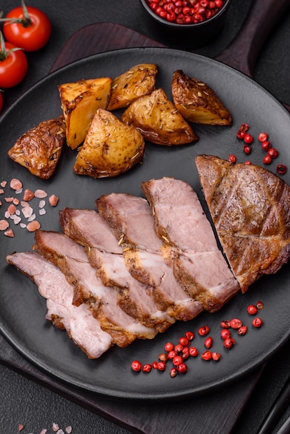 소금 향신료와 허브로 구운 맛있는 육즙이 많은 돼지고기 또는 쇠고기 스테이크