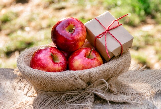 Вкусные сочные красные яблоки в осеннем саду