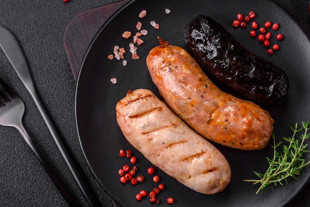 Delicious juicy sausages of several varieties grilled with salt spices and herbs on a dark concrete background