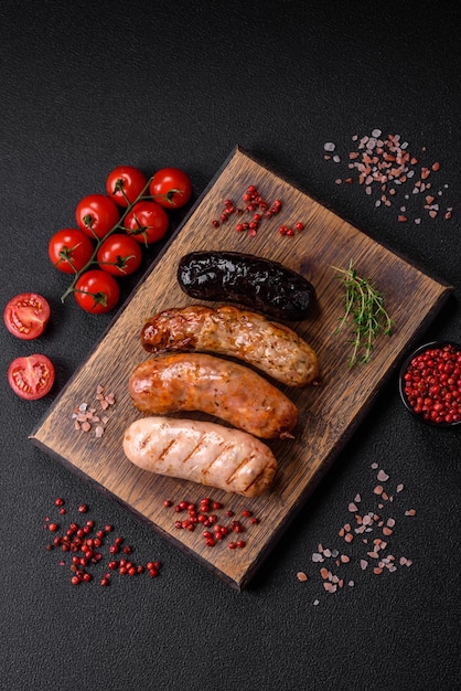 Delicious juicy sausages of several varieties grilled with salt spices and herbs on a dark concrete background