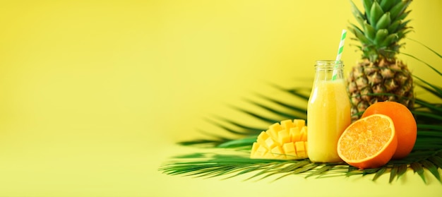 Delicious juicy smoothie with orange fruit mango pineapple on yellow background Copy space Pop art design creative summer concept Fresh juice in glass jar over green palm leaves Banner