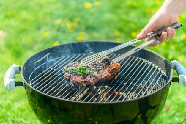 Delicious juicy steak roasting on a grill in spring sunlight