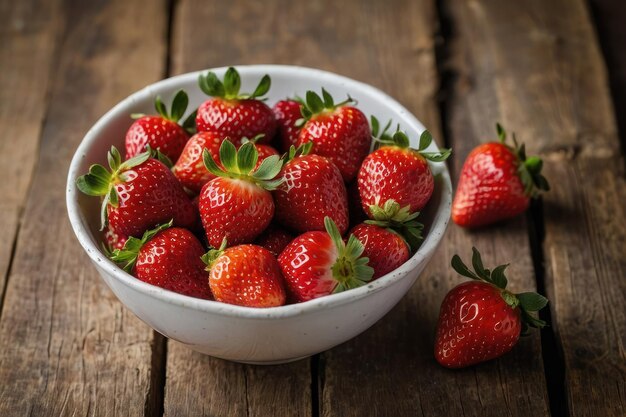 Delicious juicy strawberries in a white bowl on a pink table