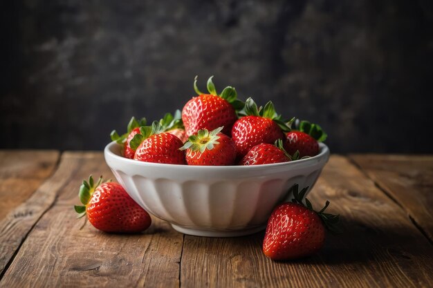 Delicious juicy strawberries in a white bowl on a pink table
