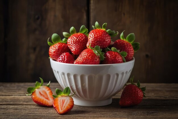 Delicious juicy strawberries in a white bowl on a pink table