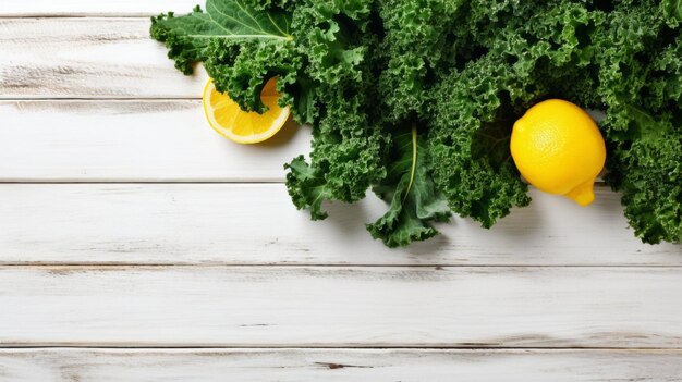 Delicious Kale and Lemon Food Combination Photorealistic Horizontal Background Healthy and Zesty Vegetable Combination Ai Generated Backdrop with Copyspace Aromatic Kale and Lemon Food Combination