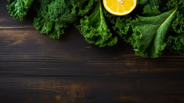 Delicious Kale and Lemon Food Combination Photorealistic Horizontal Background Healthy Zesty Vegetable Combination Ai Generated Background with Kale and Lemon On Wooden Countertop with Copy Space