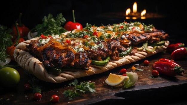 Photo delicious kebab full of meat and vegetables black and blur background