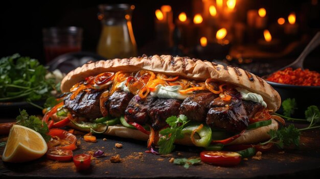 Foto delici kebab pieni di carne e verdure sullo sfondo nero e sfocato