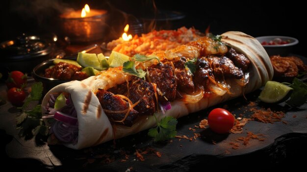 写真 肉と野菜でいっぱいの美味しいケバブ 黒い背景とぼやけ