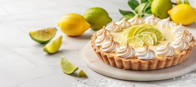 Delicious key lime pie en citroen meringue taart op ongerept wit oppervlak