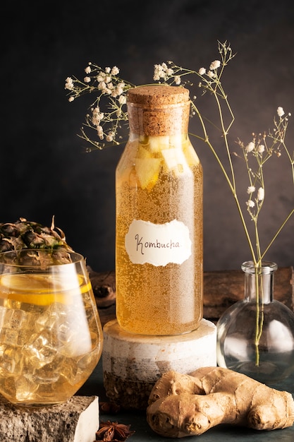 Delicious kombucha bottle and ginger