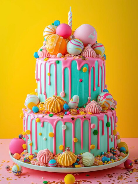 Delicious large birthday cake for a childs birthday bright colors lots of decor
