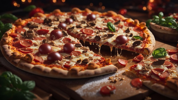 Delicious large peperoni pizza on the wood table with beautiful vegetables