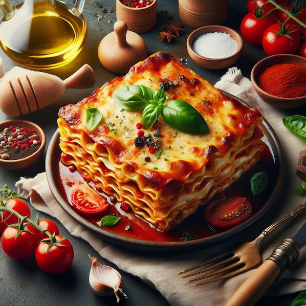 Delicious lasagna dish on a dark background surrounded by ingredients and cooking utensils