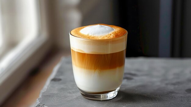 Delicious Layered Cappuccino in a Glass Cup on Grey Table by the Window Warm Beverage Concept