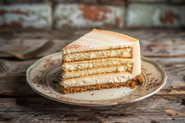 Foto delicious layered vanilla cake slice op een rustieke houten tafel voor dessertconcept