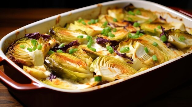 Photo delicious layered vegetable gratin with golden crust on a white plate