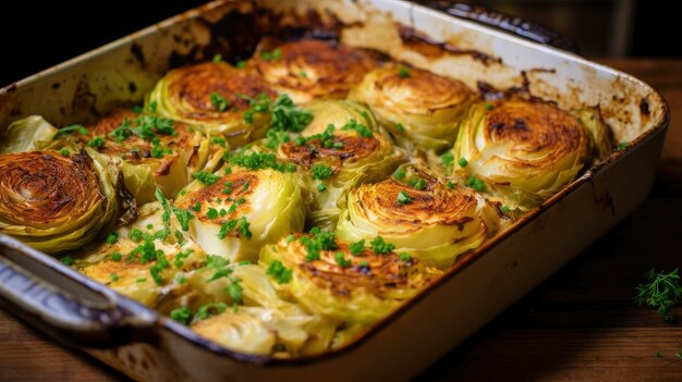 Photo delicious layered vegetable gratin with golden crust on a white plate