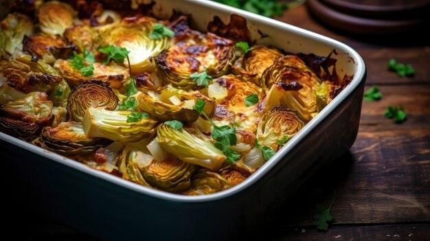 Photo delicious layered vegetable gratin with golden crust on a white plate