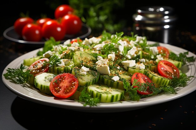 Вкусный салат из лиственных овощей на белой тарелке с кусочками перца сверху