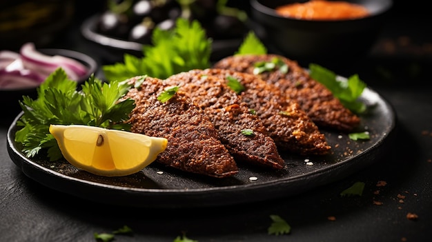 delicious Lebanese Arabic food kibbeh kibe on black slate