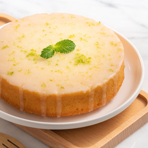 Deliziosa torta di spugna di libbra glassata al limone su sfondo di tavolo in marmo bianco