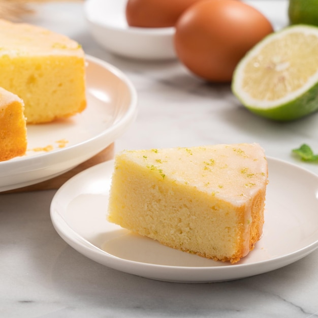 Deliziosa torta di spugna di libbra glassata al limone su sfondo di tavolo in marmo bianco